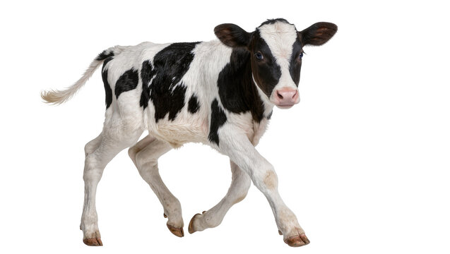 Young black and white Holstein calf walking, isolated on transparent background