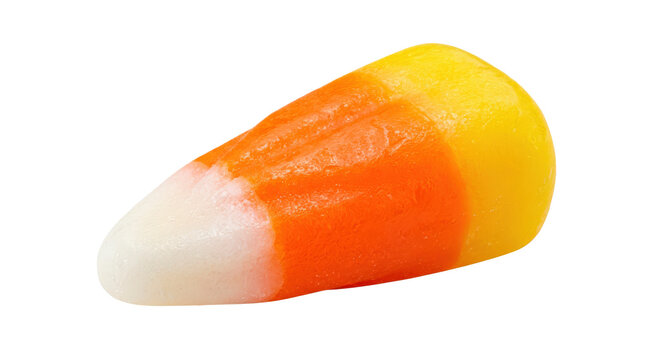 Candy corn &mdash; Photorealistic single candy corn piece, iconic triangular shape and layered orange, yellow and white colors; macro three-quarter view, razor-sharp food detail, ultra-detailed 8K quality,
