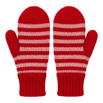 Pair of cozy red and white striped knitted mittens isolated on a clean white background