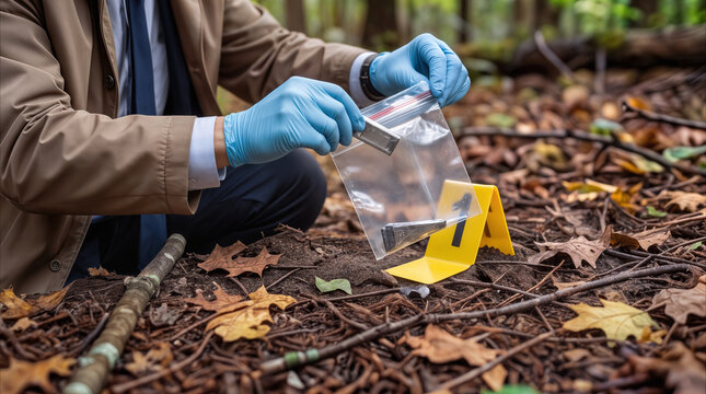Forensic investigator placing metal fragment into plastic bag at outdoor crime scene. Detective collecting evidence in autumn forest for criminal investigation.