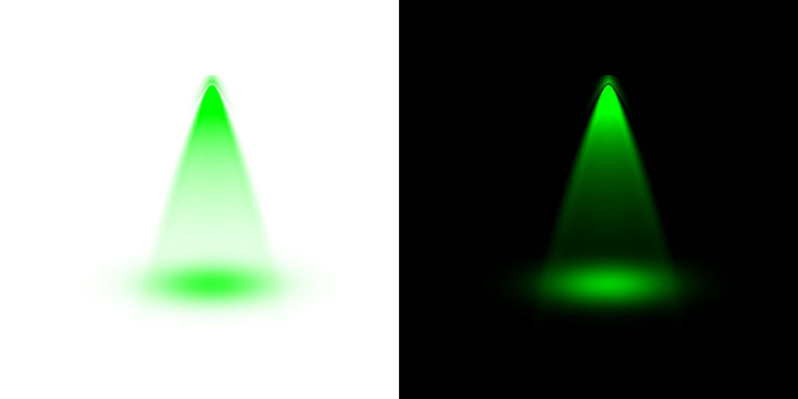 Bright green spotlight casting vibrant cone illumination on transparent background