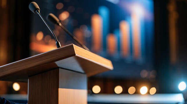 Speaker podium with two microphones on a stage at a finance summit light wood lectern in sharp focus large screen with softly blurred bar charts behind empty stage with a white
