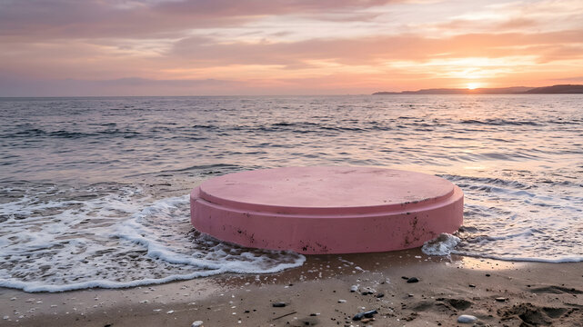 Pink circular podium on ocean shore at sunset Pastel pink and purple tones Calm sea waves