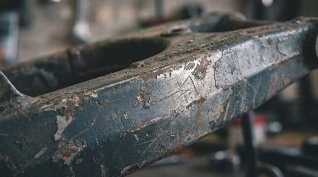 Close up of an old rusty motorcycle swingarm with peeling dark paint and deep scratches