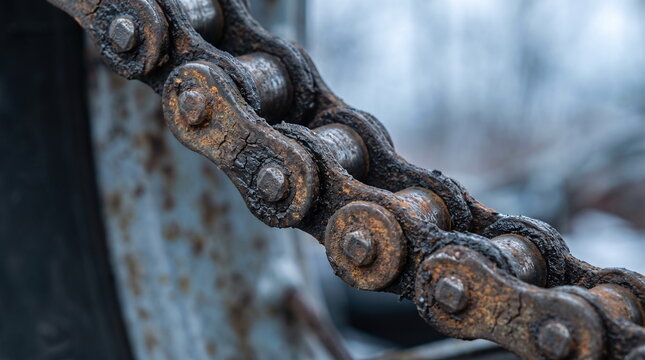 Macro shot of a heavily rusted and greasy drive chain on an old abandoned motorcycle