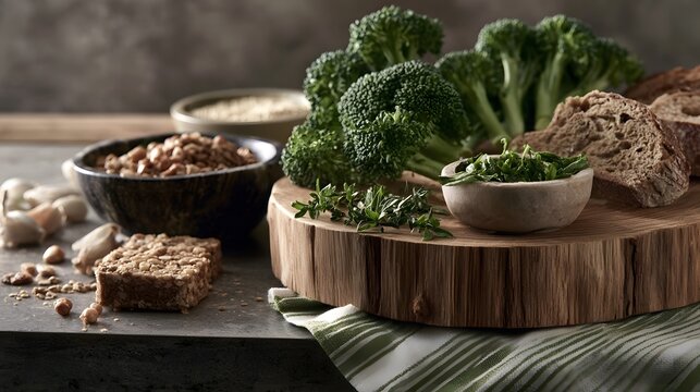 Fresh broccoli  herbs  whole grain bread  and nuts arranged on a wooden board with rustic bowls and scattered ingredients