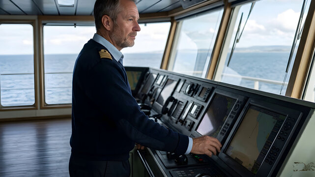 The captain of the ship stands on the captains bridge and monitors the ships instruments