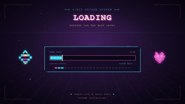 Pixel art progress loading bar with neon synthwave gaming aesthetic
