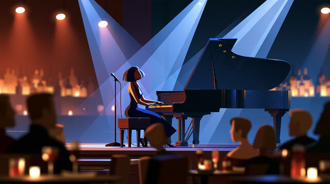 Elegant jazz club with a grand piano on stage and faceless patrons enjoying drinks, with copy space