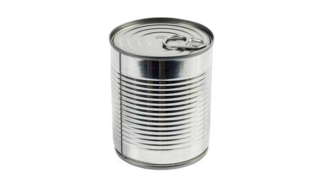 Silver metal food can with pull-tab lid, isolated on transparent background