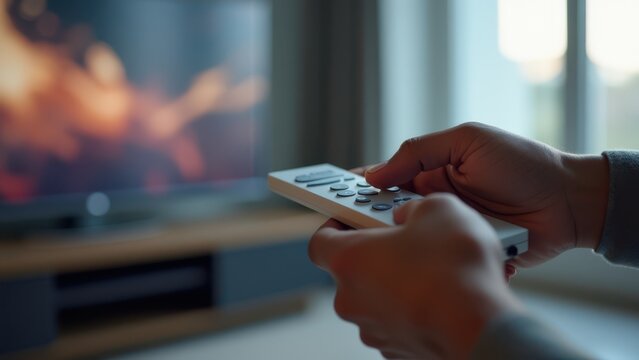 diverse adult hand holding modern tv remote control with soft window light and blurred screen background for tech advertisement