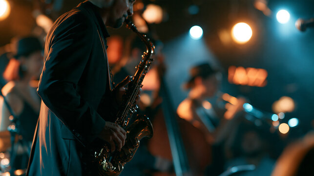 Faceless musicians playing wind instruments on a dimly lit stage with bright spotlights and haze, moody cinematic scene of a live concert in a retro jazz lounge, defocused