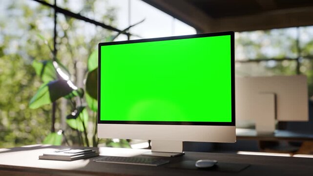 Computer All in One Monitor with Chroma Key Green Screen Mockup in Biophilic Bright Modern Office