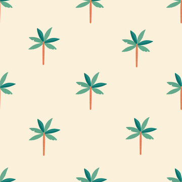Minimalist seamless pattern with subtle tropical palm trees on beige background.
