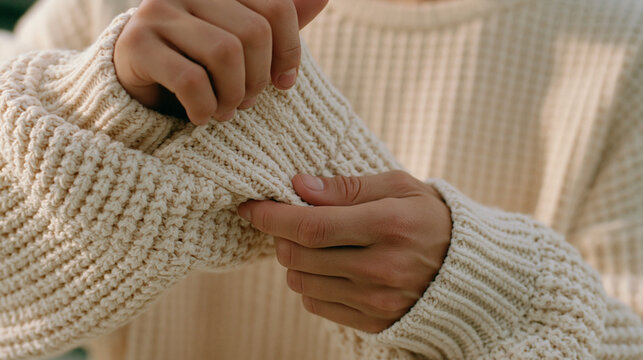 Person wearing cozy cream knitted sweater holding sleeves in hands during chilly autumn day