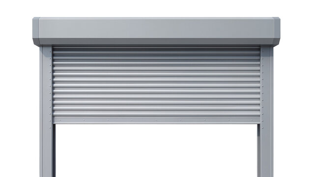 Gray metal roller shutter door security protection, isolated on transparent background