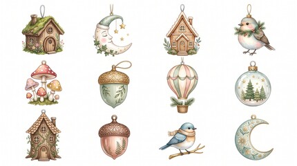 Obraz premium Whimsical Christmas Ornament Collection with Miniature Houses, Mushrooms and Acorns.