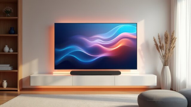 modern minimalist living room with smart tv and soundbar showcasing tech in natural wood and neutral tones for interior design advertising