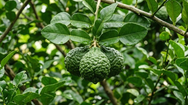 Fresh Kaffir Lime Fruits Growing on the Tree Branches in the Garden
