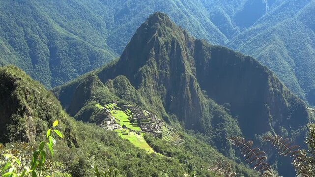 Zooming In on Machu Picchu Inca Ruins and Huayna Picchu Mountain in the Peruvian Andes
