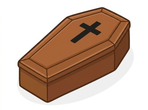 Brown wooden coffin with a cross isolated on white background