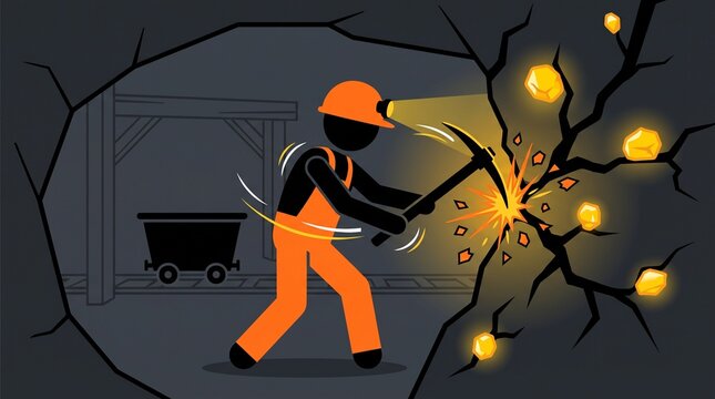 Miner swinging pickaxe in dark underground tunnel with glowing lights