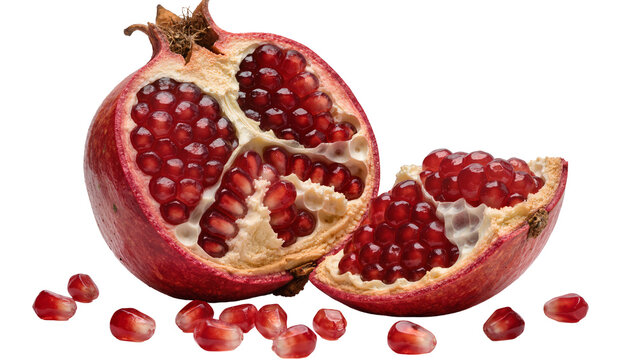 Ripe red pomegranate cut in half with arils and seeds scattered, isolated on transparent background