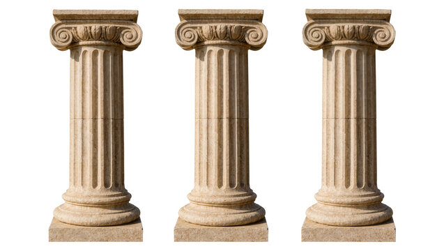 Three ancient Greek Ionic stone columns with fluted shafts, isolated on transparent background
