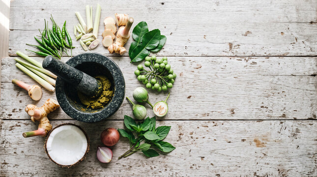 Fresh Thai green curry ingredients with granite mortar, chilies, lemongrass, galangal and kaffir lime leaves, top view copy space