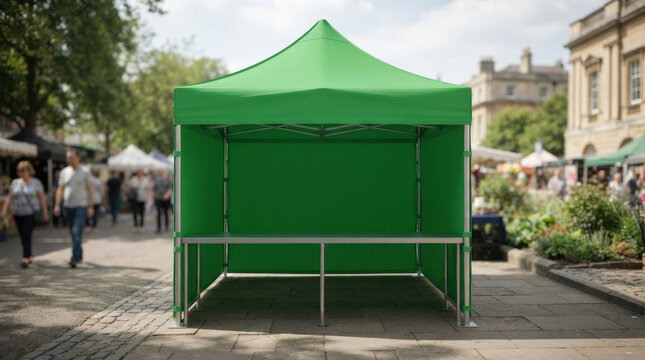 Green commercial canopy tent set up on urban cobblestone street market for outdoor trade shows exhibitions and festival vendors.