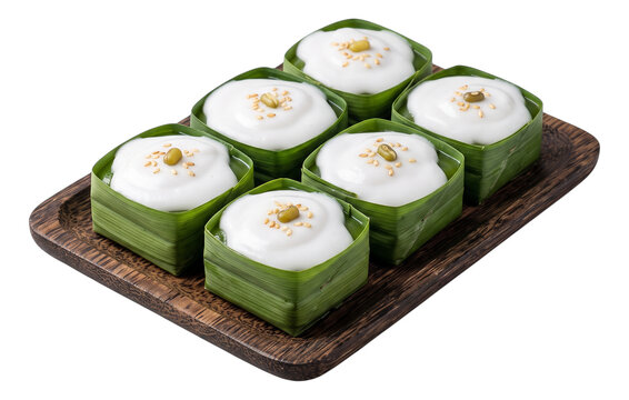 Khanom tako Thai pandan jelly with coconut cream in pandan leaf cups on wooden tray, isolated on transparent background