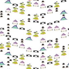 Fototapeta premium Seamless pattern of tropical islands, bridges, and gazebos