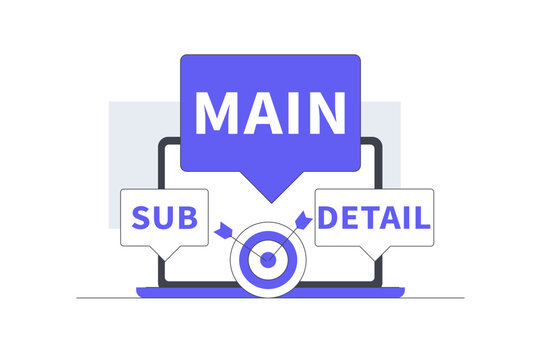 Heading Structure Hierarchy and SEO Content Optimization. Laptop Screen Displaying Main Sub Detail Badges with Target Icon. Flat Cartoon Vector Illustration, icon Stylish abstract design landing page