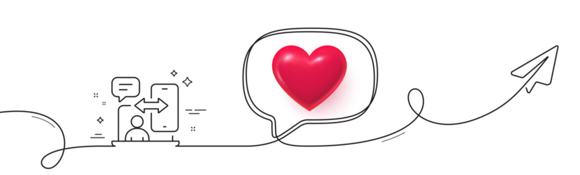 Phone timing line icon. Continuous line with share plane. Smartphone app sign. Cellphone mobile device symbol. 3d heart in speech bubble. Phone timing single line ribbon. Loop curve pattern. Vector
