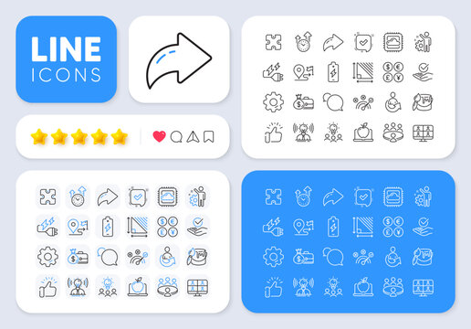 Electricity plug, Triangle area and Business idea line icons for web app. Message, Share, Like social media icons. Pack of Brand, Battery charging, Messenger pictogram icons. Vector