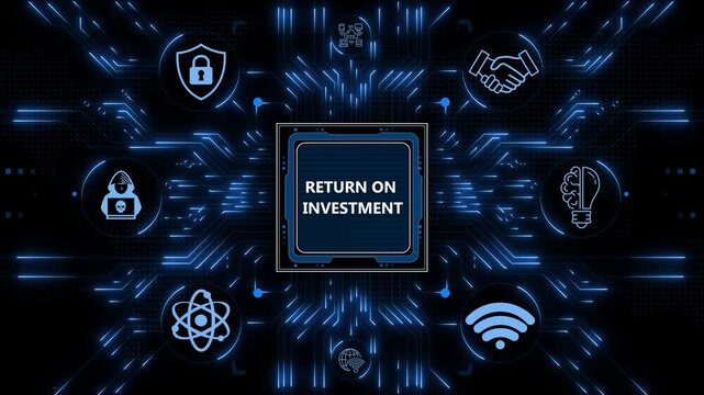Digital return on investment concept with finance technology network chip and business profit growth symbols displayed on glowing electronic circuits.