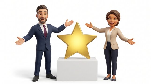 3D businessman mascot and partner with a TADA gesture next to a golden star