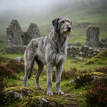 Noble Irish wolfhound with wiry gray coat standing in misty green highlands near ancient stone ruins