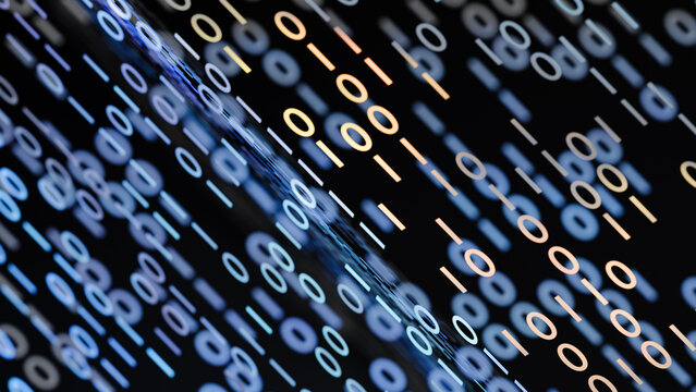 Abstract digital background of flowing blue and orange binary numbers and glowing data blocks with shallow depth of field, streaming code concept, cybersecurity and futuristic computer networking