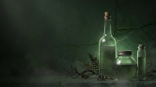 Mystical potion bottles with herbs on dark green background