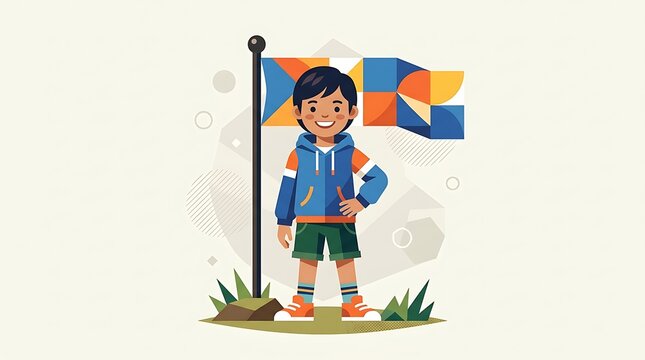 Smiling boy standing near flag pole with flag vector