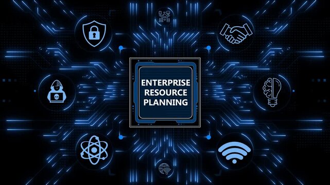Enterprise resource planning system software with business management network data and ERP integration structure shown on a digital blue interface