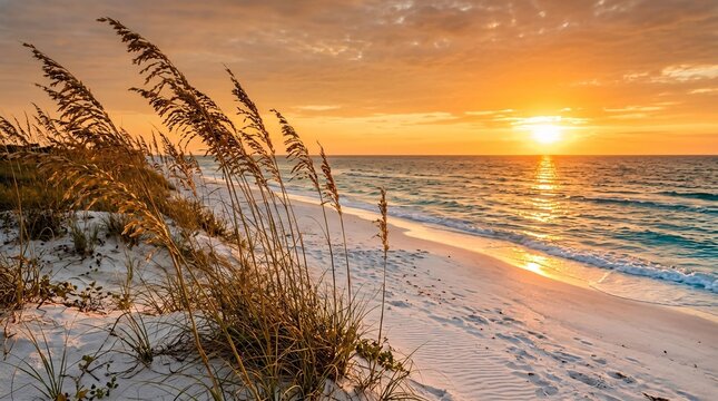 Golden sunset over a pristine white sand beach with turquoise water lapping the shore as tall sea oats sway in the warm coastal breeze