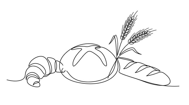 Assorted bakery breakfast items including bread and croissant sketched in clean lines with baked goods continuous