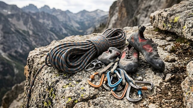 Mountain climbing gear including colorful ropes and specialized shoes resting upon rugged rocky summit landscape outdoors