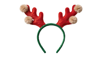 Red felt reindeer antlers with fluffy pom-poms on green headband, isolated on transparent background © Alexandra