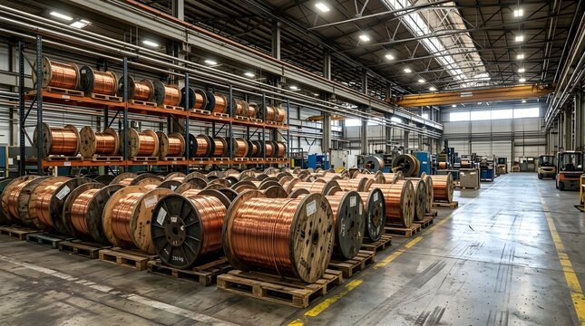 Massive industrial warehouse interior filled with rows of heavy wooden spools loaded with bright copper wire cords