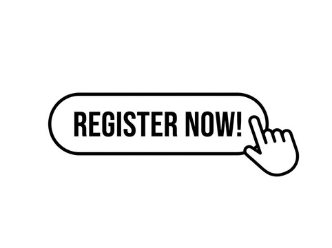 Register now button with pointing hand cursor isolated on white background