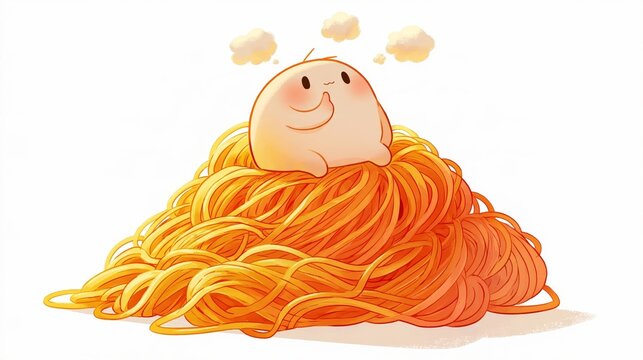 Food - Cute cartoon character sitting on a pile of spaghetti