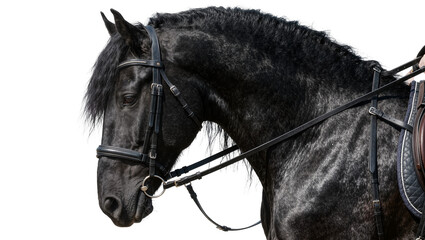 Majestic black Friesian horse with flowing mane and leather bridle, isolated on transparent background © Lilia